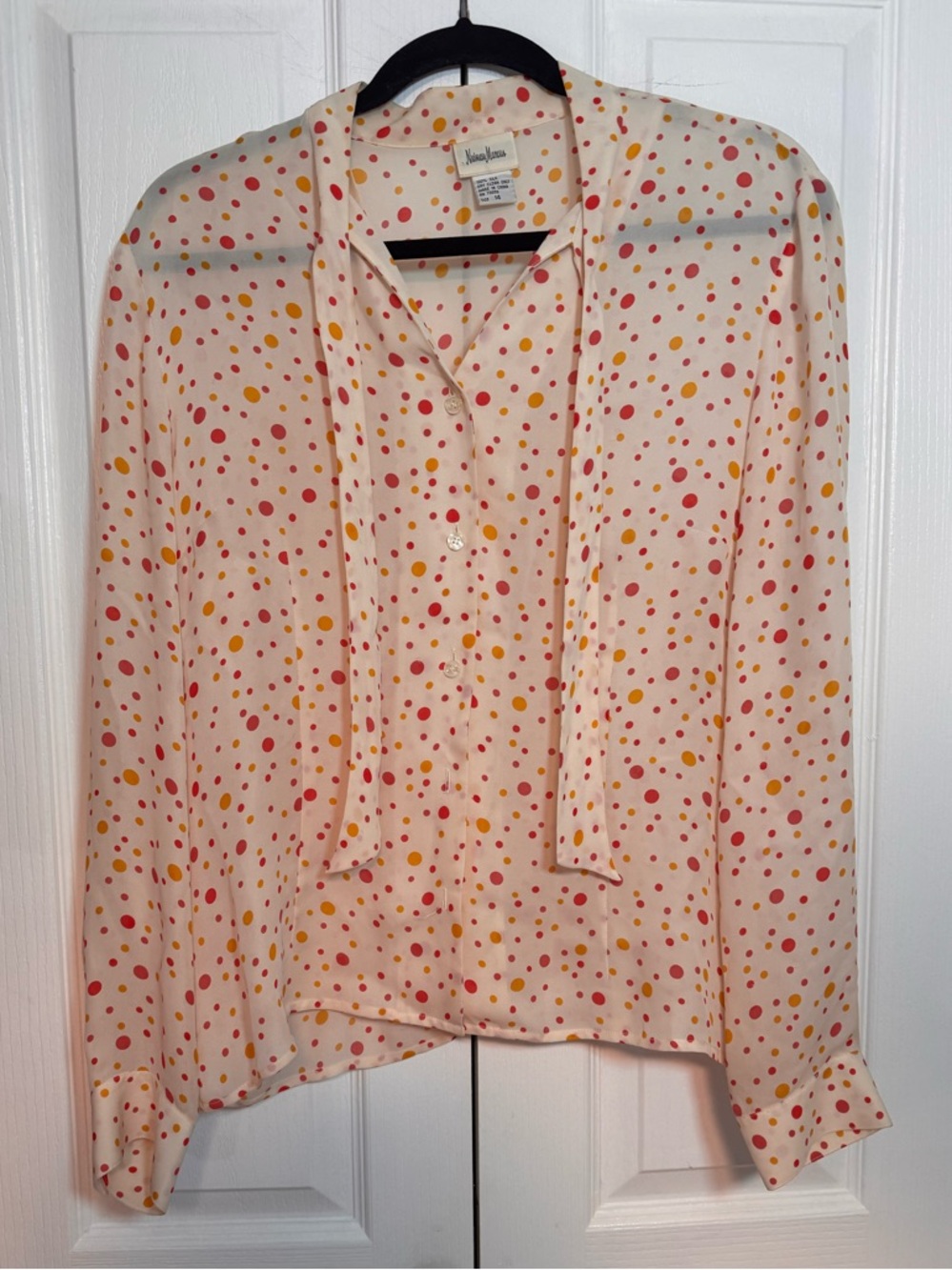 Neiman Marcus vintage cream orange and black silk polka dot blouse large